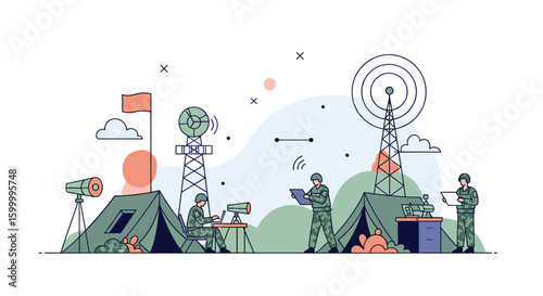 Military communications command center outdoor operations setup with soldiers working on laptops and antennas