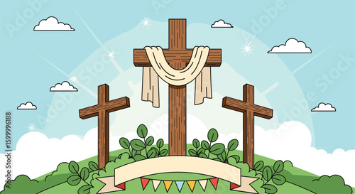 Three wooden crosses standing on a grassy hilltop beneath a bright sky with clouds and rays of light