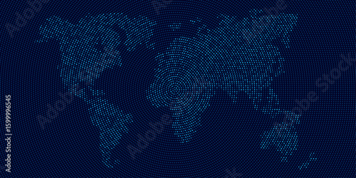 Digital world map of glowing dots on a dark blue background. Futuristic technology concept for global data and communication. Backdrop for tech presentations and infographics. Vector illustration.