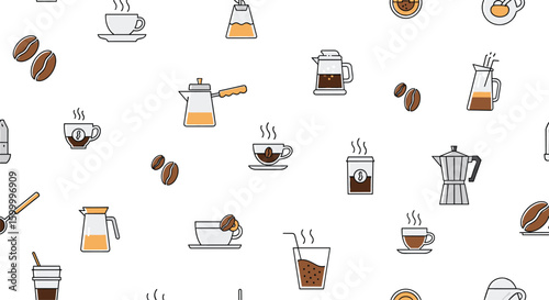 A collection of pixelated coffee illustrations featuring various brewing methods and beans