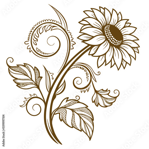 Vintage brown line art sunflower with leaves and swirls