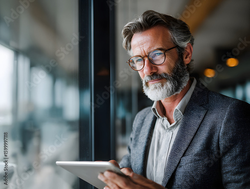 Confident Older Businessman Using Digital Tablet in Office