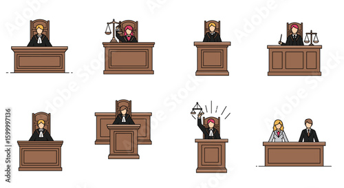 Judicial figures in pixel art representing legal proceedings and courtroom scenes
