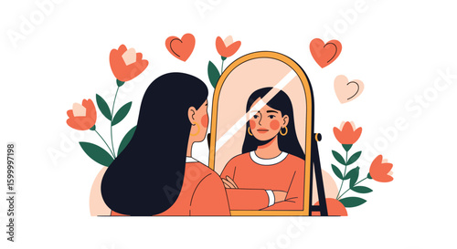 Embracing self love and confidence looking in the mirror with flowers and hearts illustration