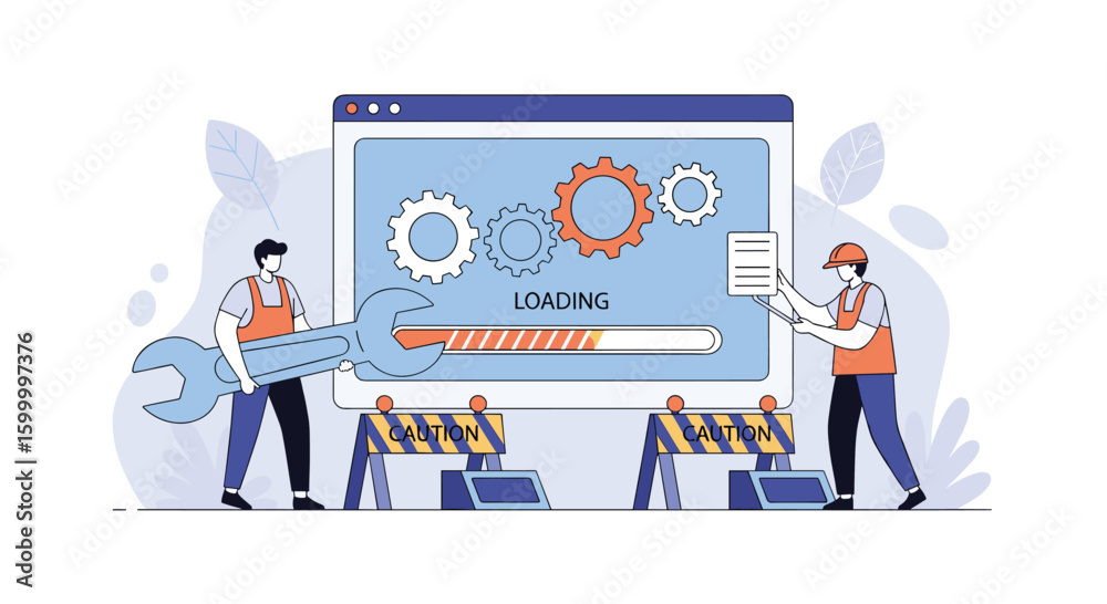 Fototapeta premium Website undergoing maintenance progress bar loading screen with technical support team working on computer systems