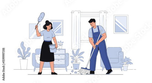 Professional housekeepers performing a thorough residential cleaning service for a sparkling home environment
