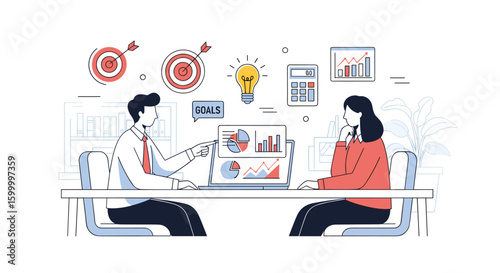 Business meeting analyzing financial data and strategy development for future growth