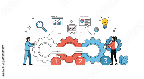 Business process integration connecting complex workflows through collaborative teamwork and data analytics to achieve optimal results