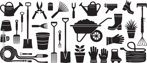 Gardening tools and supplies collection watering can shovel