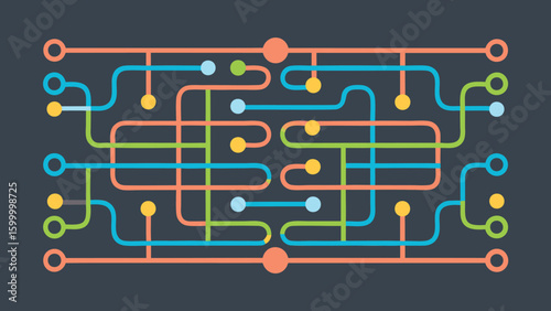 Illustration of a complex network with colorful lines connecting circles and dots on a dark background