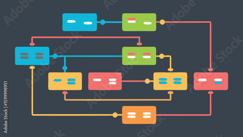 Illustration of a colorful flowchart with rectangular nodes and connecting lines on a dark background
