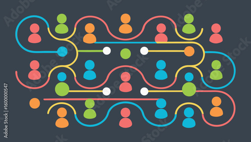 Illustration of a network of colorful people icons connected by wavy lines and solid lines