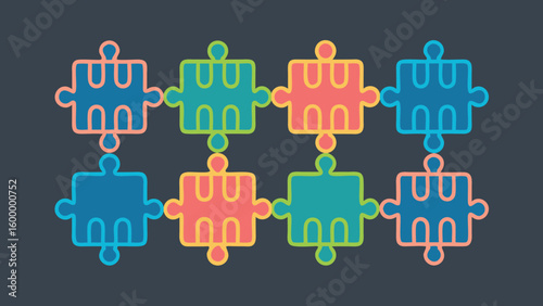 Arrangement of eight colorful puzzle pieces connected in two rows on a dark background design element