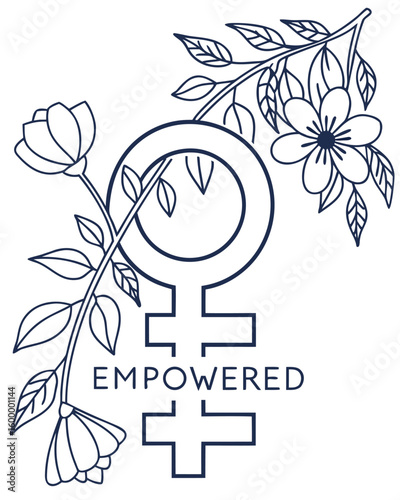 Modern Women's Equality T-shirt Design. A minimalist vector graphic with a Venus symbol and flowers for feminist apparel.