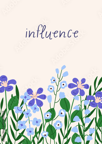 Floral card design with wildflowers. Delicate gentle field blossoms, simple meadow blooms with thin stems. Beautiful summer nature poster. Botanical postcard background. Flat vector illustration