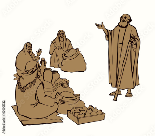 Ancient Jewish market. Vector drawing