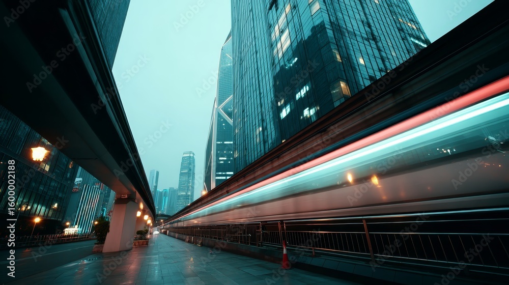 Naklejka premium Futuristic monorail speeding past neonlit skyscrapers at twilight with motion blur and urban skyline in the background