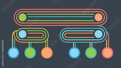 Colorful diagram showing a hierarchical structure with rounded rectangles and circles on dark background