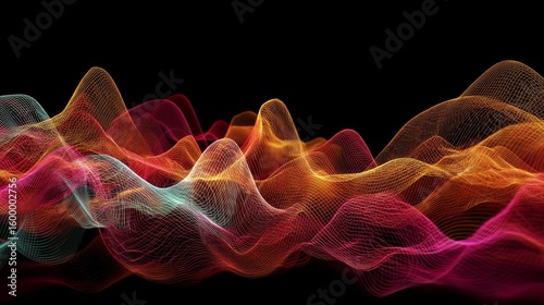 Dynamic neon wave patterns representing digital audio visualization with glowing colorful lines on dark background, abstract and energetic display of shifting motion