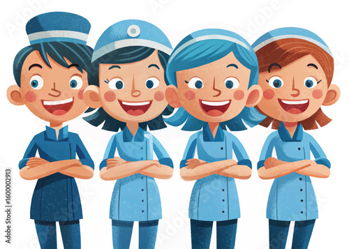 set of medical workers including doctors and nurses wearing professional uniforms. Healthcare staff characters for hospital, clinic, medical posters, apps, and educational visuals