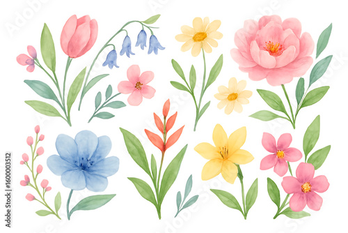 Fototapeta Naklejka Na Ścianę i Meble -  Beautiful watercolor floral arrangement with delicate pink yellow and blue flowers on a black background