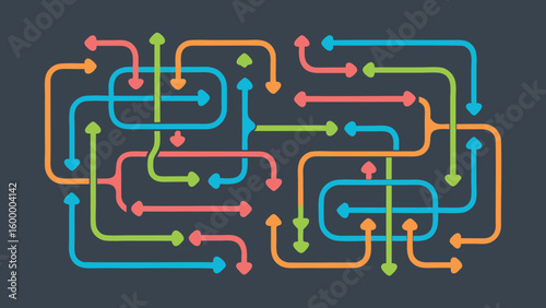 A complex network of colorful arrows intertwined on a dark background creating a maze like structure