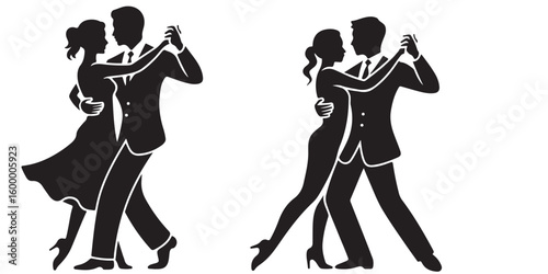 Two couples in silhouette performing a tango dance with elegant poses on a white isolated background