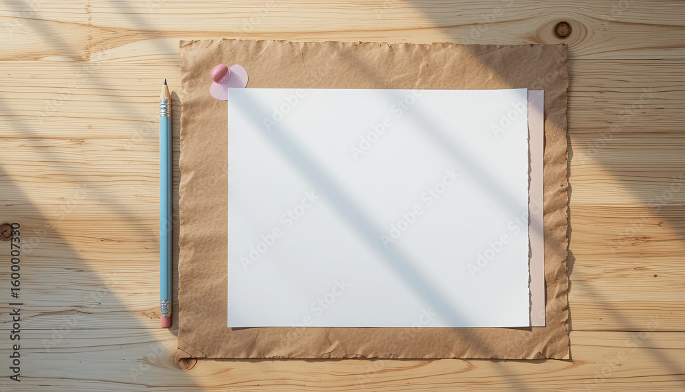 Naklejka premium Top view of blank white paper on brown textured mat with blue pencil and eraser on wooden desk in natural sunlight, minimal creative workspace mockup for drawing, school or artistic design projects 