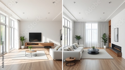 Two contrasting minimalist living spaces side by side  highlighting transformation in natural daylight.