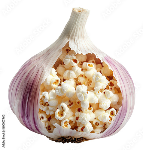 Peeled garlic bulb reveals surprising interior filled with popcorn, blending culinary elements in whimsical and unexpected way., isolated