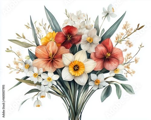Watercolor Bouquet of Daffodils in Warm Spring Colors