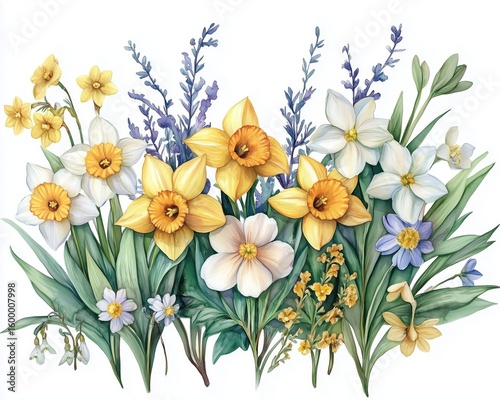 Watercolor Bouquet of Daffodils in Warm Spring Colors