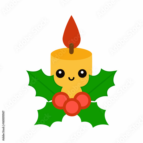Holiday Candle and Holly on a White Background vector illustration