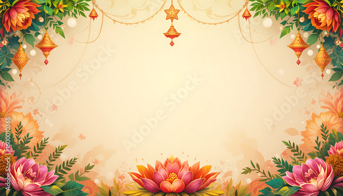 A bright and colorful Indian festival card with floral and paisley patterns, perfect for celebrations, lively and celebratory, 4K and HD image.