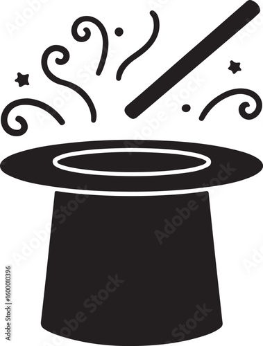 Black magic hat with wand and swirling smoke illusion