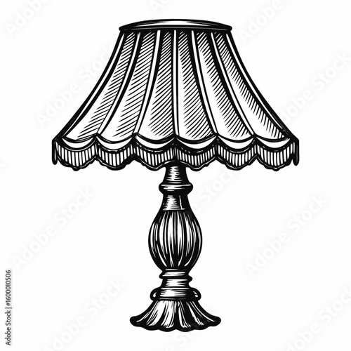 Vintage table lamp with elegant shade and ornate base, rendered in intricate sketch style. Vintage table lamp exhibits classic aesthetic, with emphasis on detailed linework and shading.