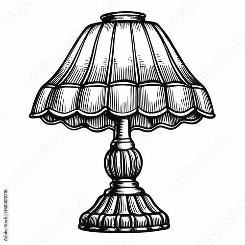 Engraved table lamp in detailed monochrome illustration. Table lamp in vintage drawing style, rendered with fine line art and intricate crosshatching, showcasing its classic design.