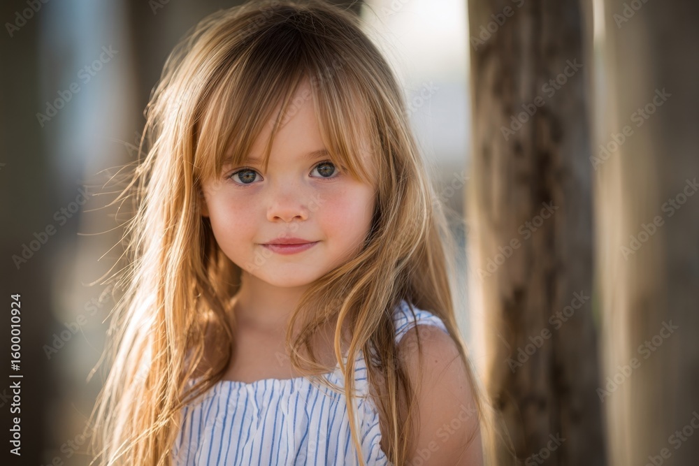 Fototapeta premium Adorable young girl with long blonde hair and blue eyes standing outdoors near a tree.