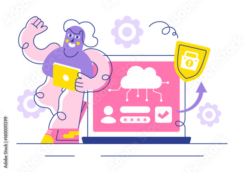Digital Cloud Security Vector Illustration Featuring Safety and Data Protection for Networks, Internet, Hosting, and Backup Servers in a Technological