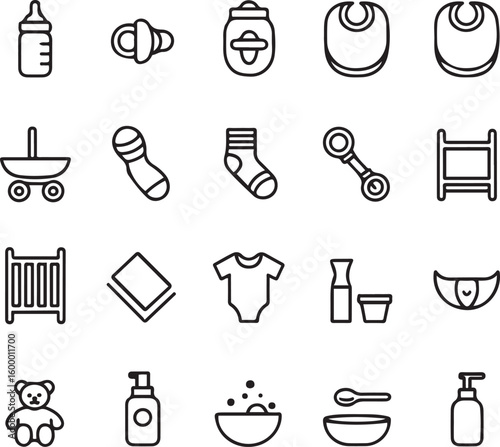 Baby Essentials Line Icons Vector Set – Feeding, Toys, Clothes, and Nursery Items
