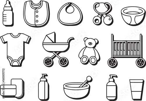 Baby Essentials Line Icons Vector Set – Feeding, Toys, Clothes, and Nursery Items
