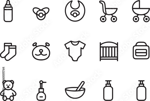Baby Essentials Line Icons Vector Set – Feeding, Toys, Clothes, and Nursery Items
