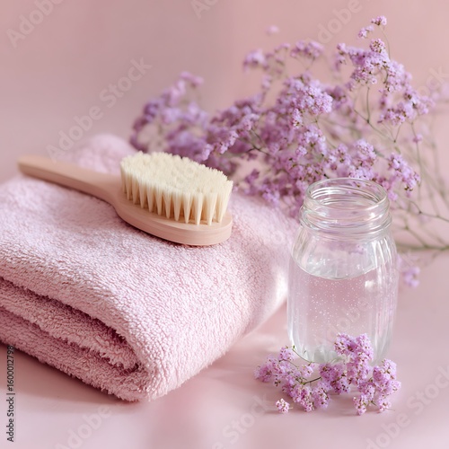 Soft Pink Towel with Brush and Flowers on Pastel Background