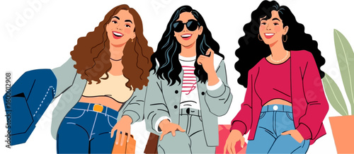 Three friends, depicted in a flat style vector illustration, are enjoying a casual get together