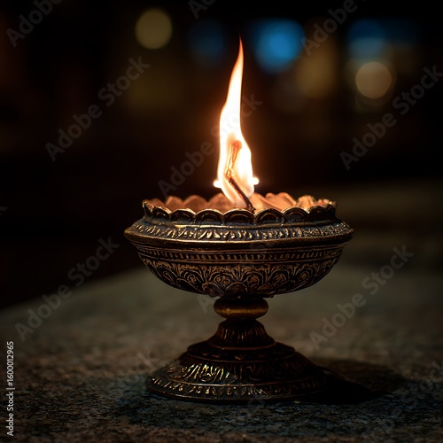 Traditional Oil Lamp with Flame in Dark Setting