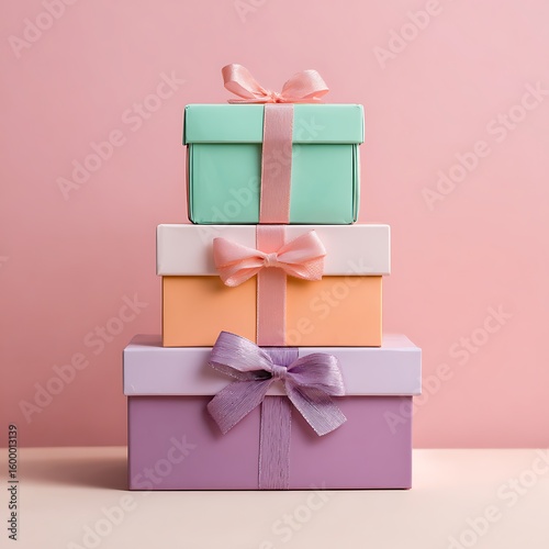 Stacked Gift Boxes with Colorful Ribbons on Pink Background