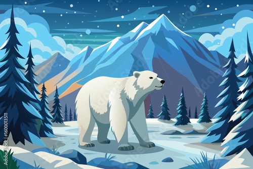 Polar Bear in Snowy Landscape with Mountains and Pine Trees Illustration