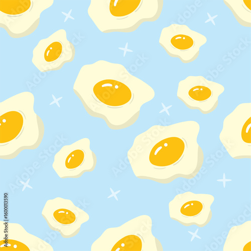 Fries egg on a blue background. Food seamless pattern for clothing, fabric, wallpaper, backdrop, home decoration, cover book, and wall art.