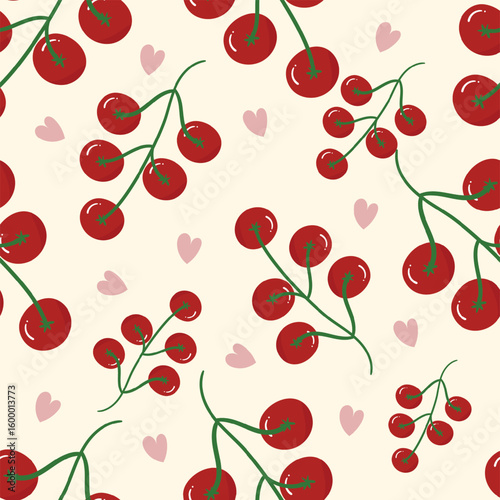 Red tomato on a beige background. Food seamless pattern for clothing, fabric, wallpaper, backdrop, home decoration, cover book, and wall art.
