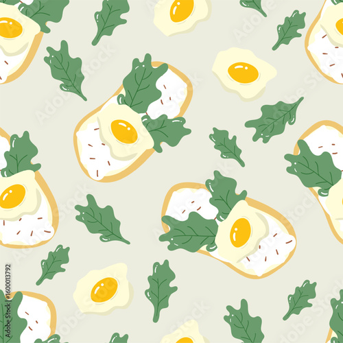 Egg with vegetables, and toasted on a beige background. Food seamless pattern for clothing, fabric, wallpaper, backdrop, home decoration, cover book, and wall art.